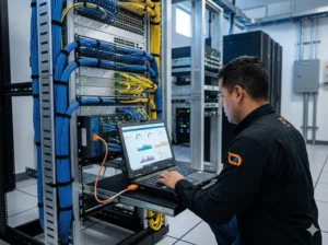 Técnico de Alarmas Pitic realizando auditoría de ciberseguridad en rack de cámaras IP en Sonora